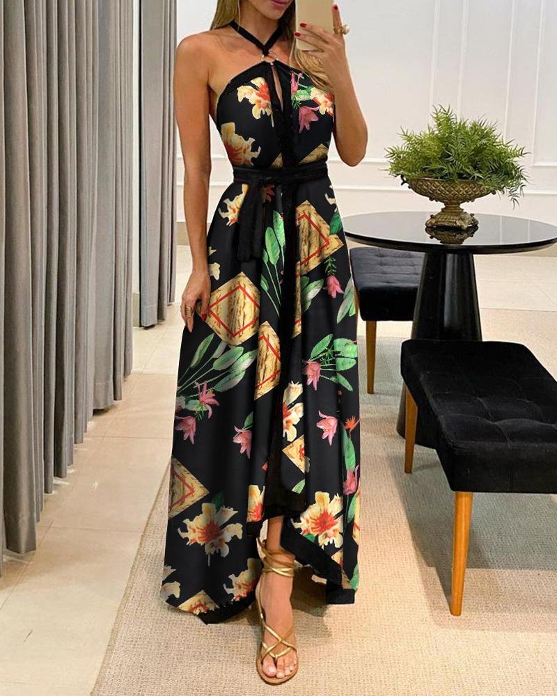 Floral Print O Ring Halter Maxi Dress