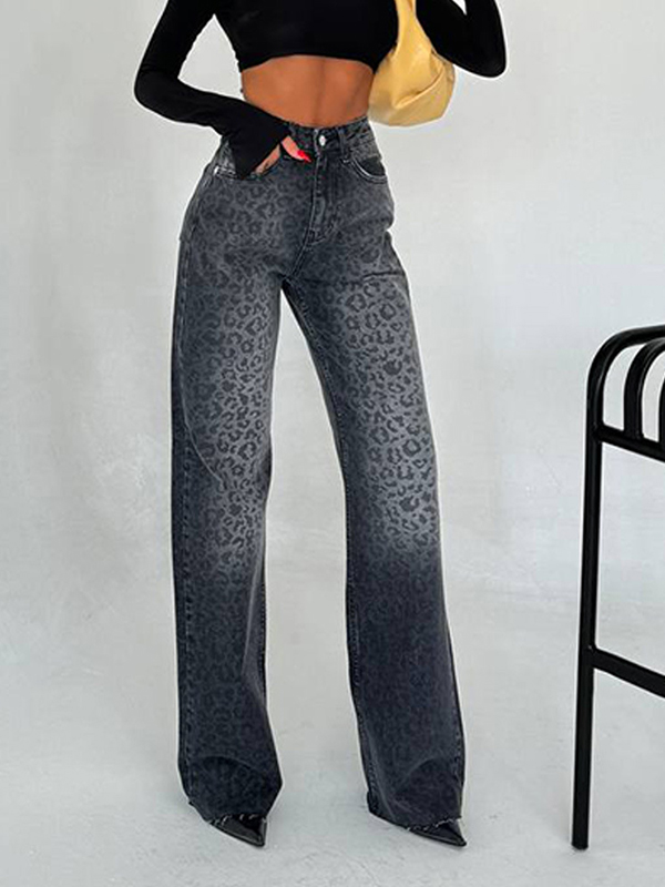 Leopard Print High Waist Side Pockets Wide Leg Jeans