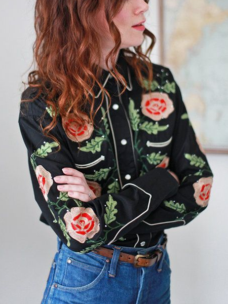 Ladies Floral Printed Black Western Style Cowboy Button Casual Long Sleeve Shirt