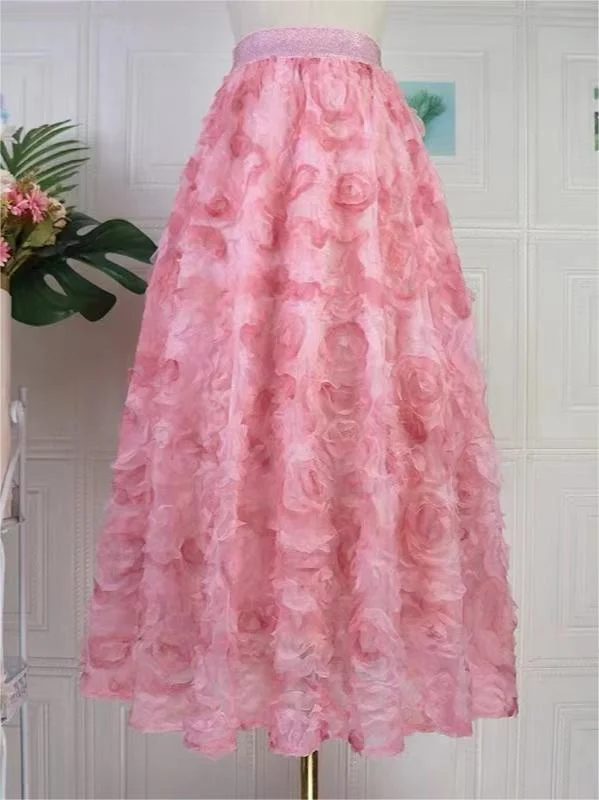 Sakura Gradient Pink Embroidered Floral Elastic Waist Tulle Maxi Skirt