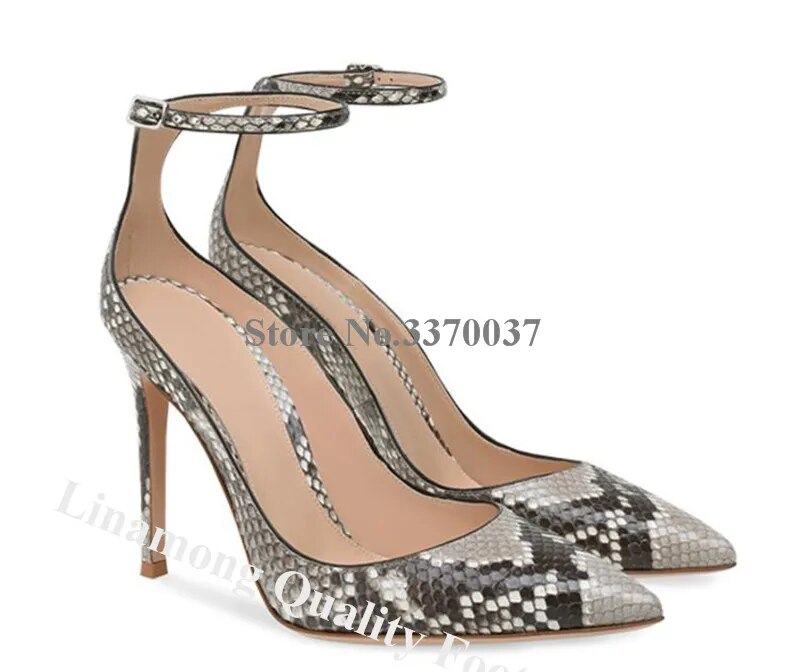 VCSHOES Women Snake Leather Stiletto Heel Pumps Ankle Strap Classical Style High Heels Formal Dress Shoes Big Size