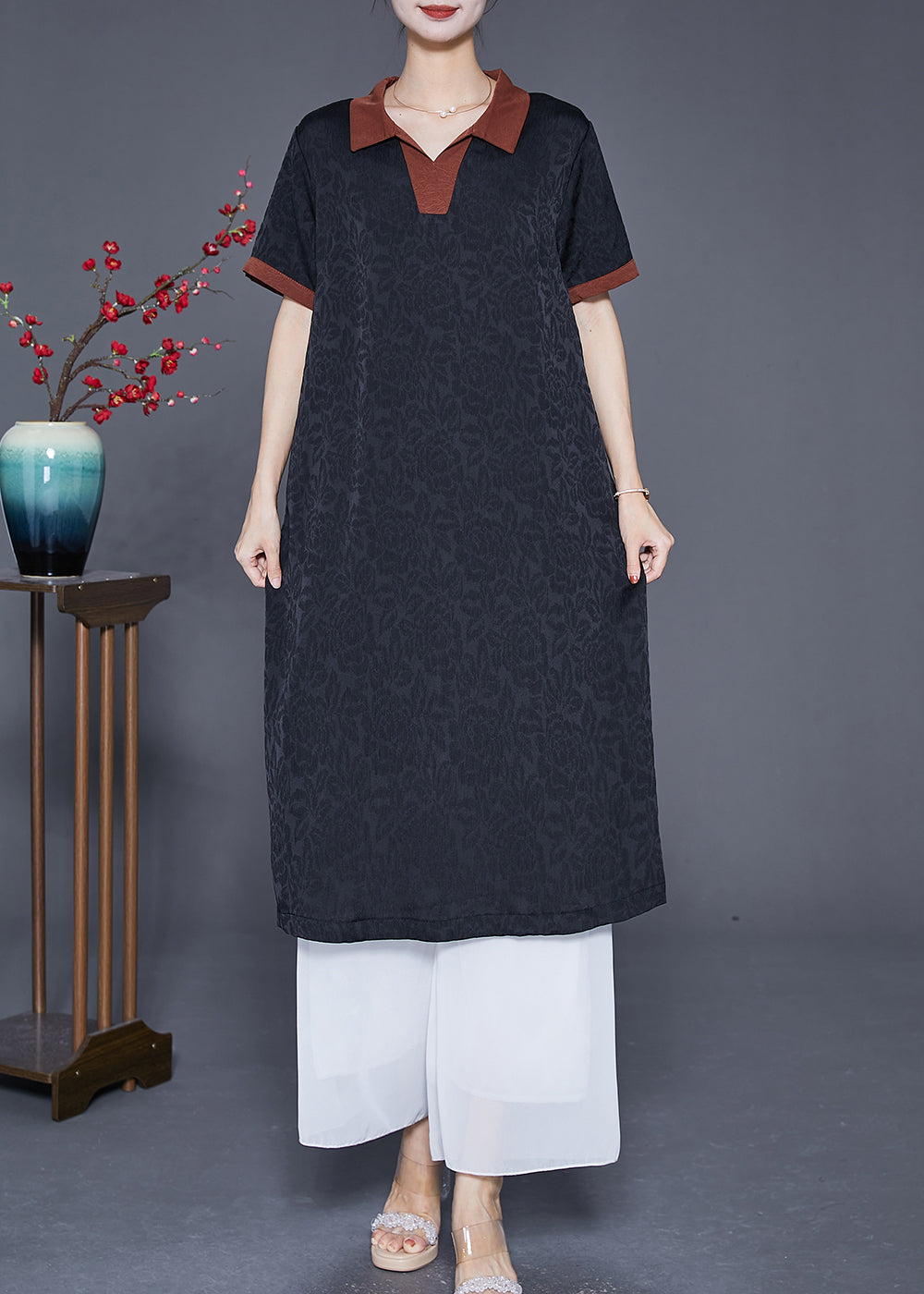 VCSHOES Black Peter Pan Collar Patchwork Silk Maxi Dresses Summer