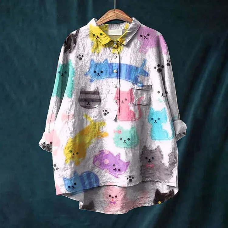 Women's Colorful Cute Kitten Art Print Casual Lapel Blouse