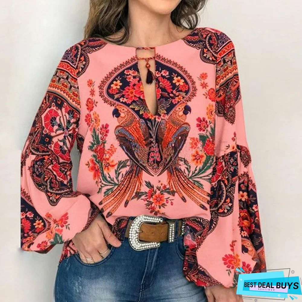 Boho Floral Print Lantern Sleeve Shirt Sexy Lace-Up Tassel O Neck Women Tops Blouse