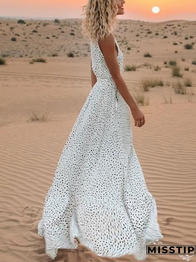 Casual Dress Swing Boho Long Maxi Light Blue Creamy-white Pink Short Sleeve Polka Dot