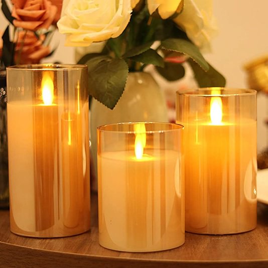 Moving Flameless LED Amber Glass Pillar Candles with Remote