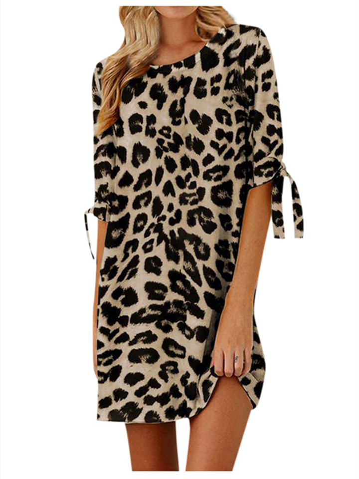 Fashion Temperament Commuter Women's Clothing Personalized Leopard Print Round Neck Midriff Round Neck Short Sleeve Regular Sleeve Elegant Wind Dress | 168DEAL
