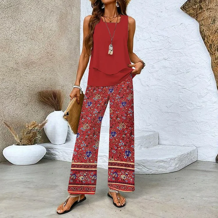 Utbros Vintage Flower Print Double Layer Tank Pants Two Piece Set