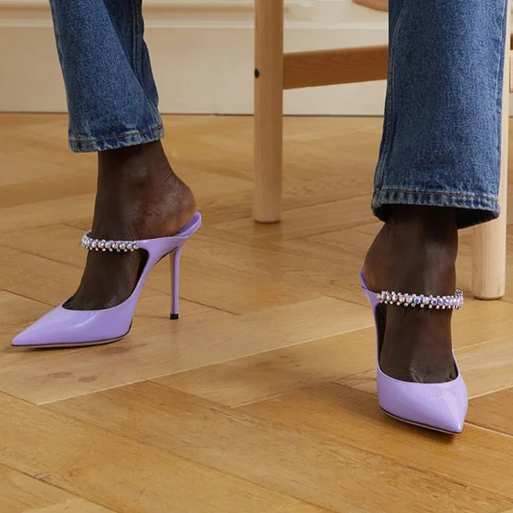Elegant Purple Stiletto Patent Shoes Women'S Pointy Toe Rhinestones Mule Wedding Pump Heels |FSJ Shoes