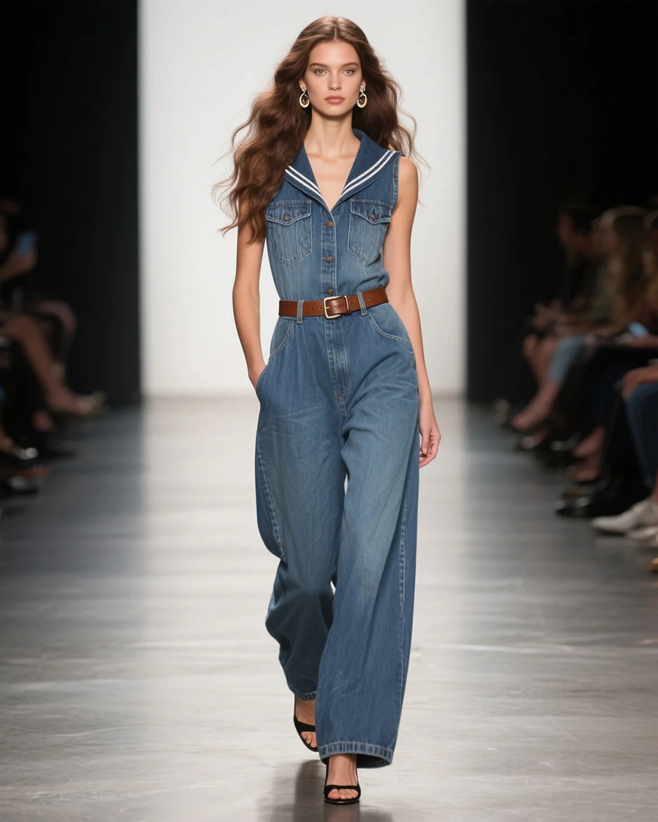 Women's Fashion Elegant Navy Collar Denim Sleeveless High Waist Jumpsuit