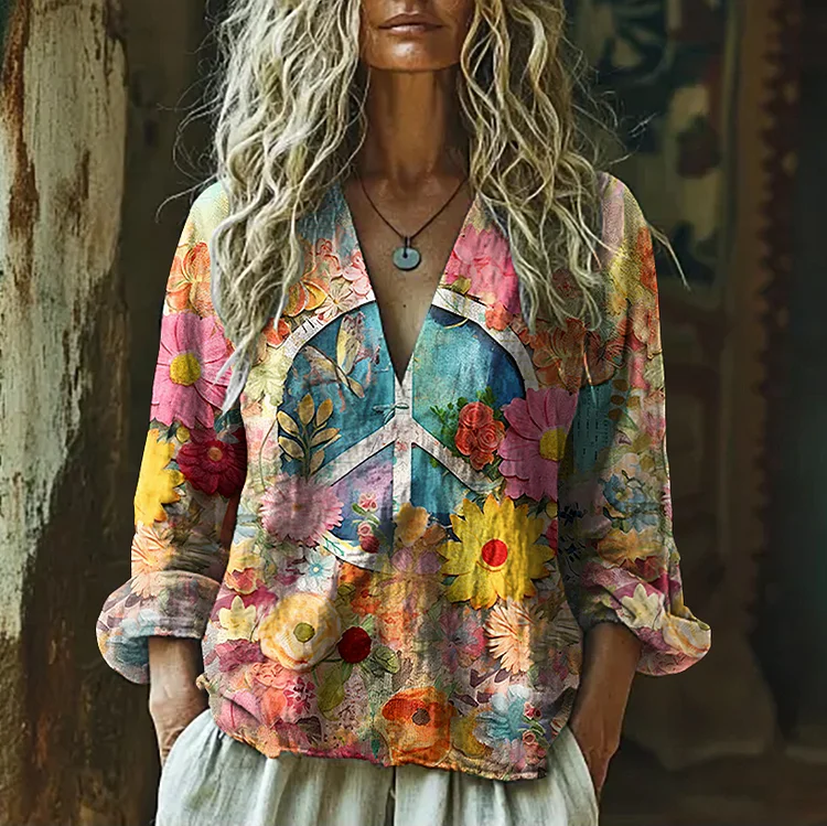 Lunivibe Vintage Hippie Vibe Peace And Love Hippie Floral Painting Art Linen V Neck Long Sleeve Shirt