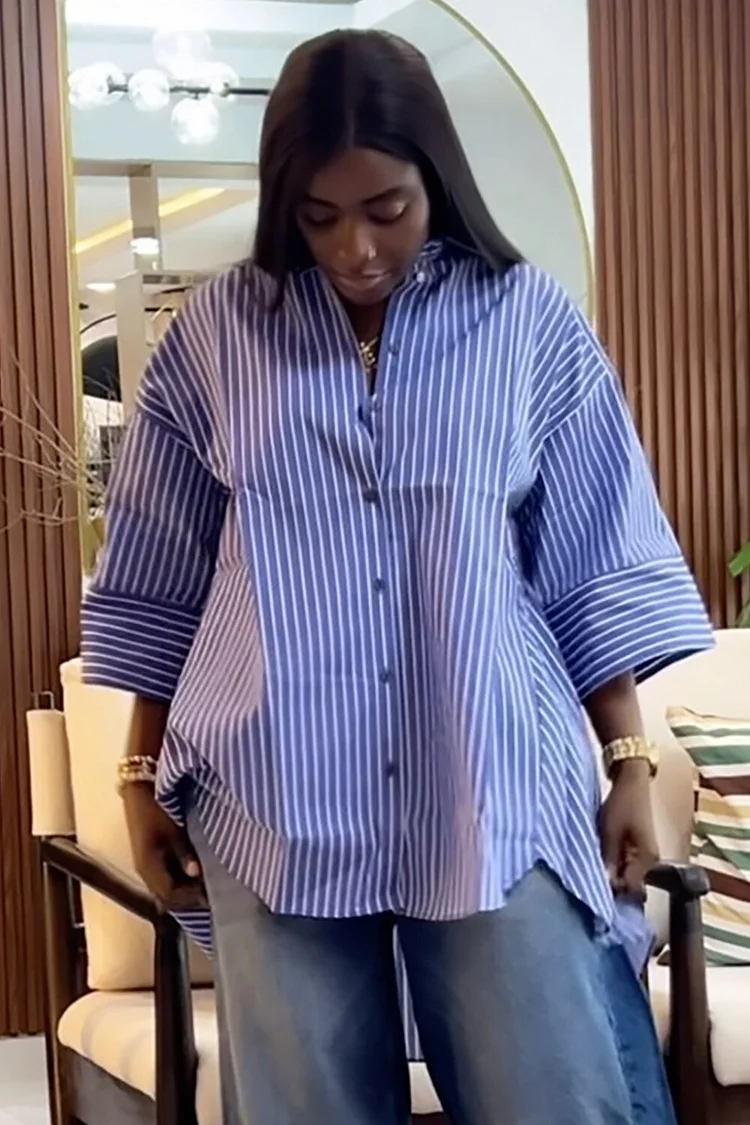 Striped Print 3/4 Sleeve Button Up High-Low Hem Loose Fit Casual Blouse-Blue