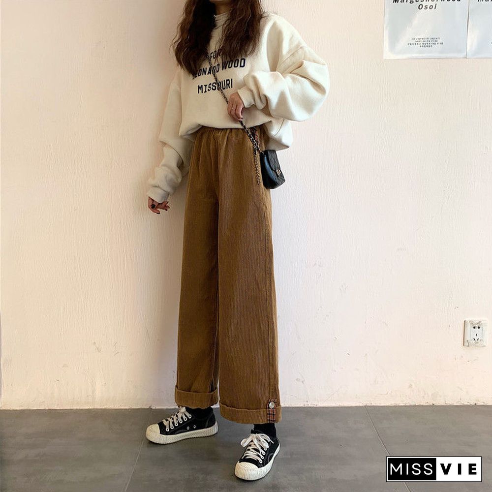 Vintage Baggy Corduroy Pants Women Korean Elastic Waist Straight Trousers Female Wide Leg Solid Pockets Pants Spring Autumn New