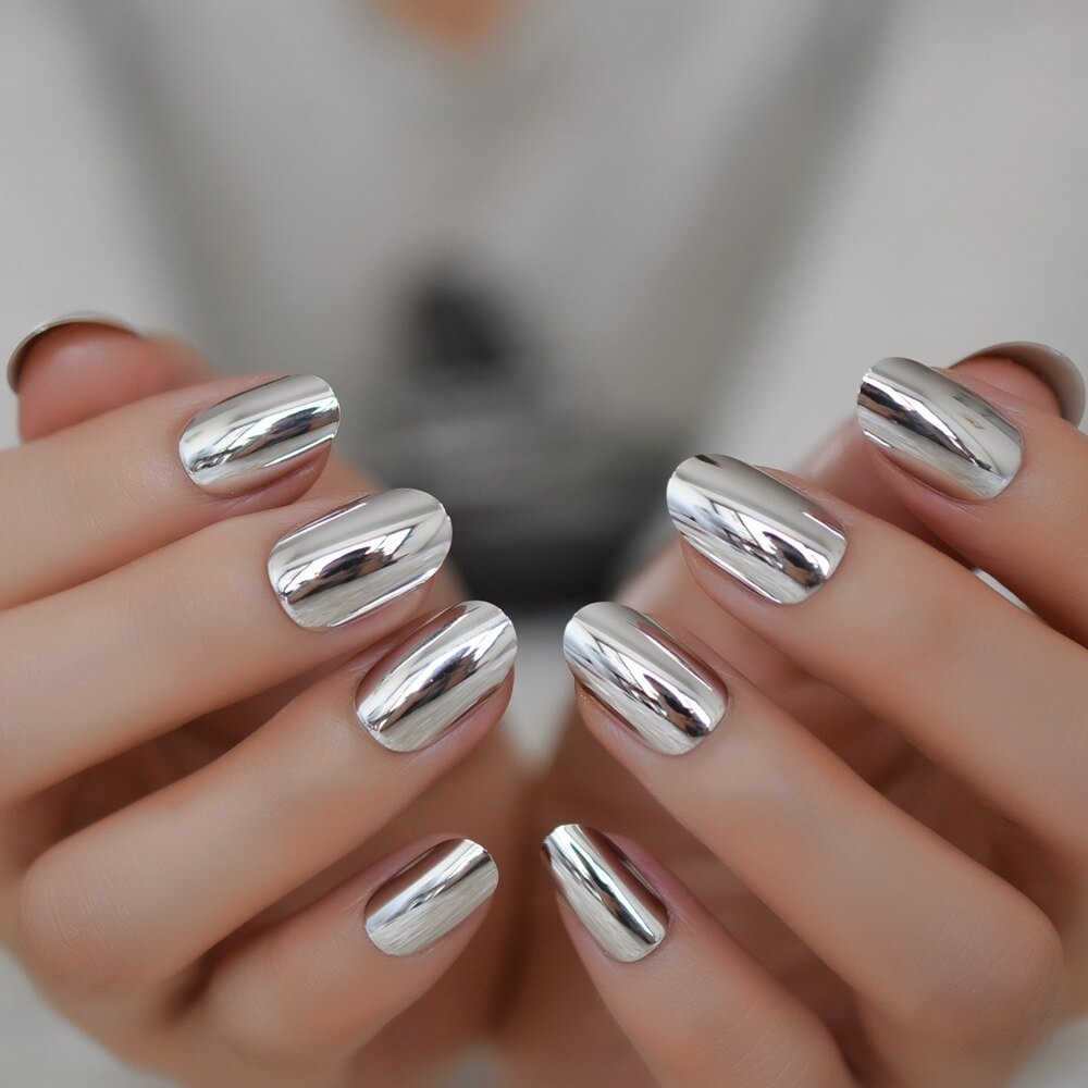Quality Oval Fake Nails Silver Mirror Faux Ongle Short Daily Nail Art Tips Metallic Style Glamour Nail Tip