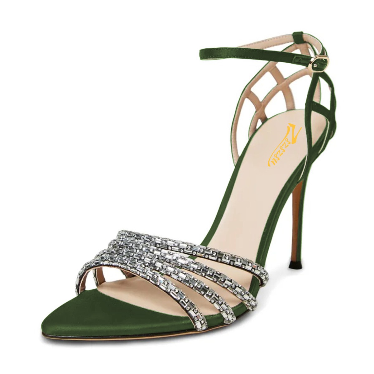Green Stiletto Heel Rhinestone Ankle Strap Dress Sandals for Women Nicepairs