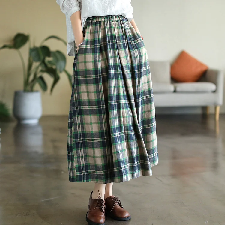 Vintage Cotton and Linen Check Elastic High Waist Plus Size A-Line Skirt