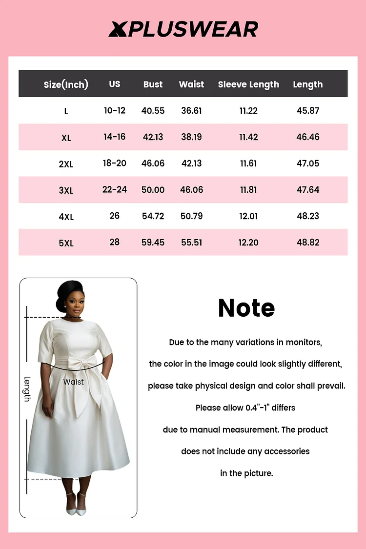 Xpluswear Design Plus Size Wedding White Elegant Round Neck Half Sleeve Pocket Bow Tie Satin Midi Dresses [Pre-Order]