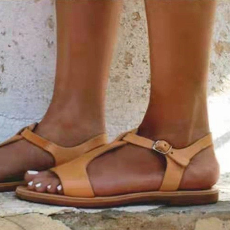 Women's peep toe T-strap gladiator sandals flat buckle strap beach sandals