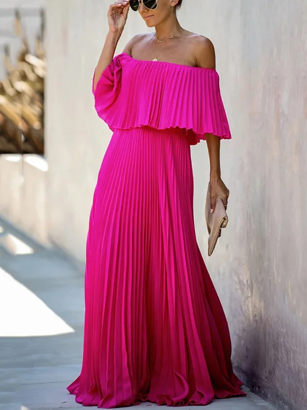 Roomy Pleated Pure Color Off-The-Shoulder Maxi Dresses