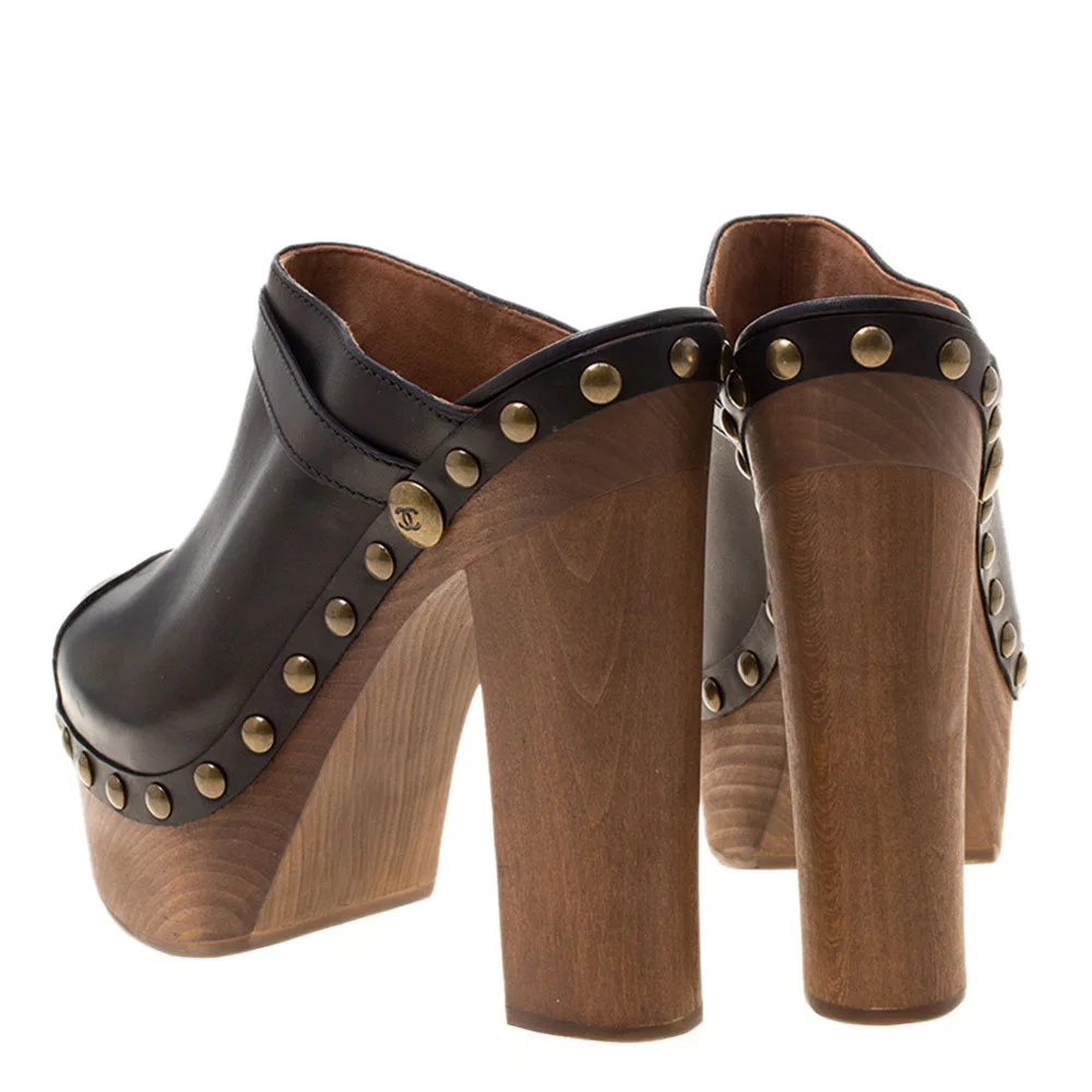 YDN Black Vegan Leather Studded Round Toe Platform Clog Heels