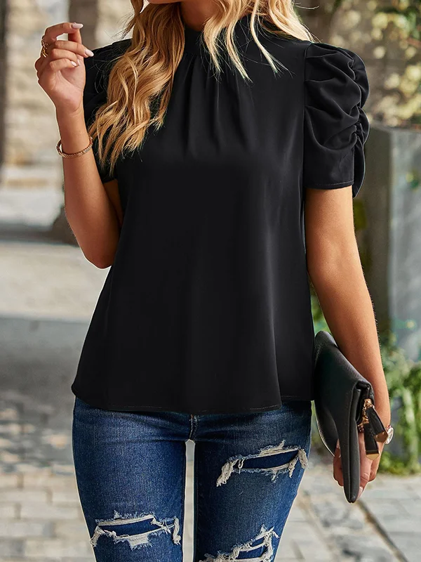Half Sleeves Loose Pleated Solid Color Mock Neck T-Shirts Tops