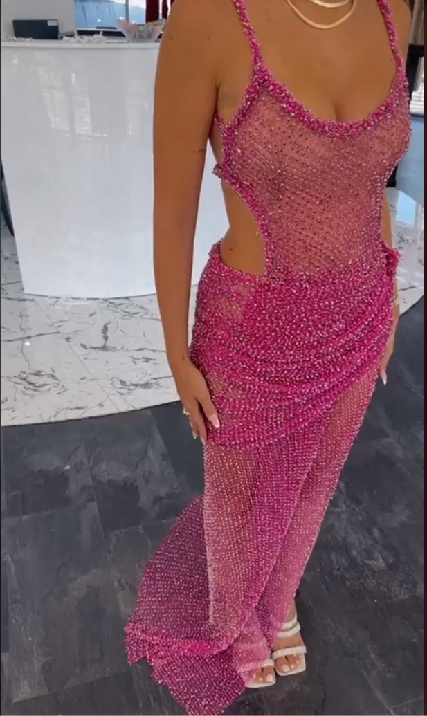 Sexy Pink Sequins Prom Dress Round Neck YH0055