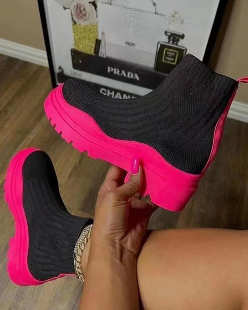 Fashion Round Toe Knit Boots