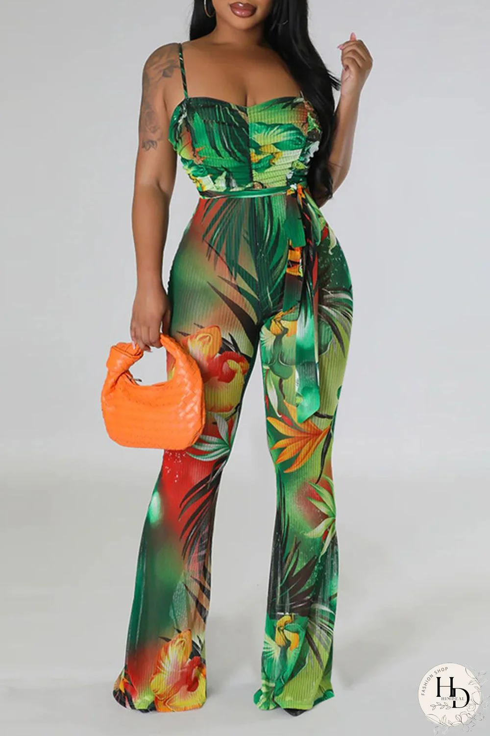 Blue Sexy Print Bandage Patchwork Spaghetti Strap Regular Jumpsuits