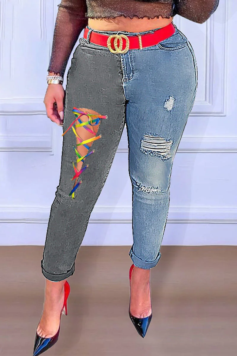Casual Street Solid Ripped Bandage Make Old Split Joint High Waist Denim Jeans