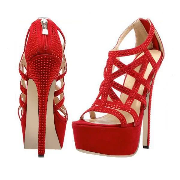 Red Sequined Hollow Out Platform Sandals Vdcoo