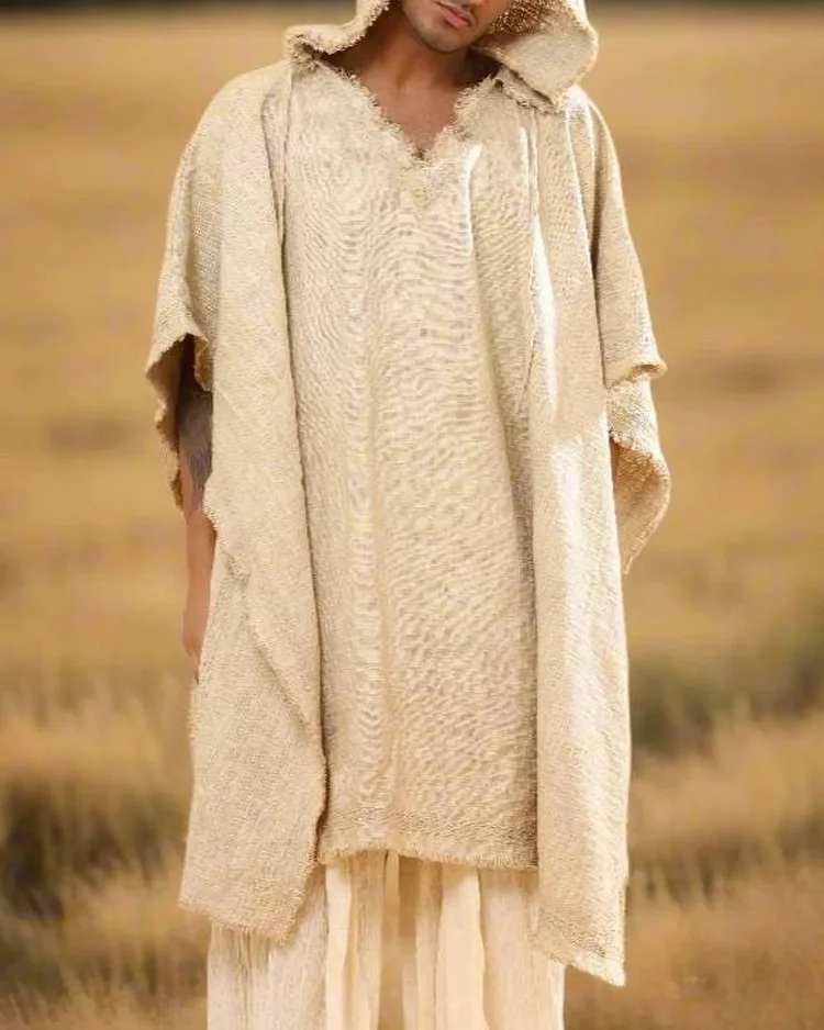 Men's Retro Linen Tribal Hooded Poncho