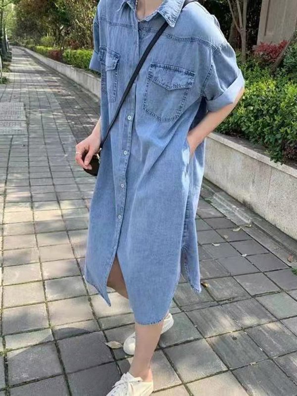 Fashion Denim Blue Split-Side Lapel H-Line Midi Dress