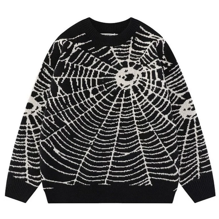 Hip Hop Spider Web Jacquard Sweater Knit Sweater Crew Neck Sweater at Hiphopee