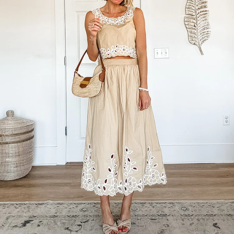 Utbros Vacation Floral Hollow Vest High Waist Midi Skirt Set