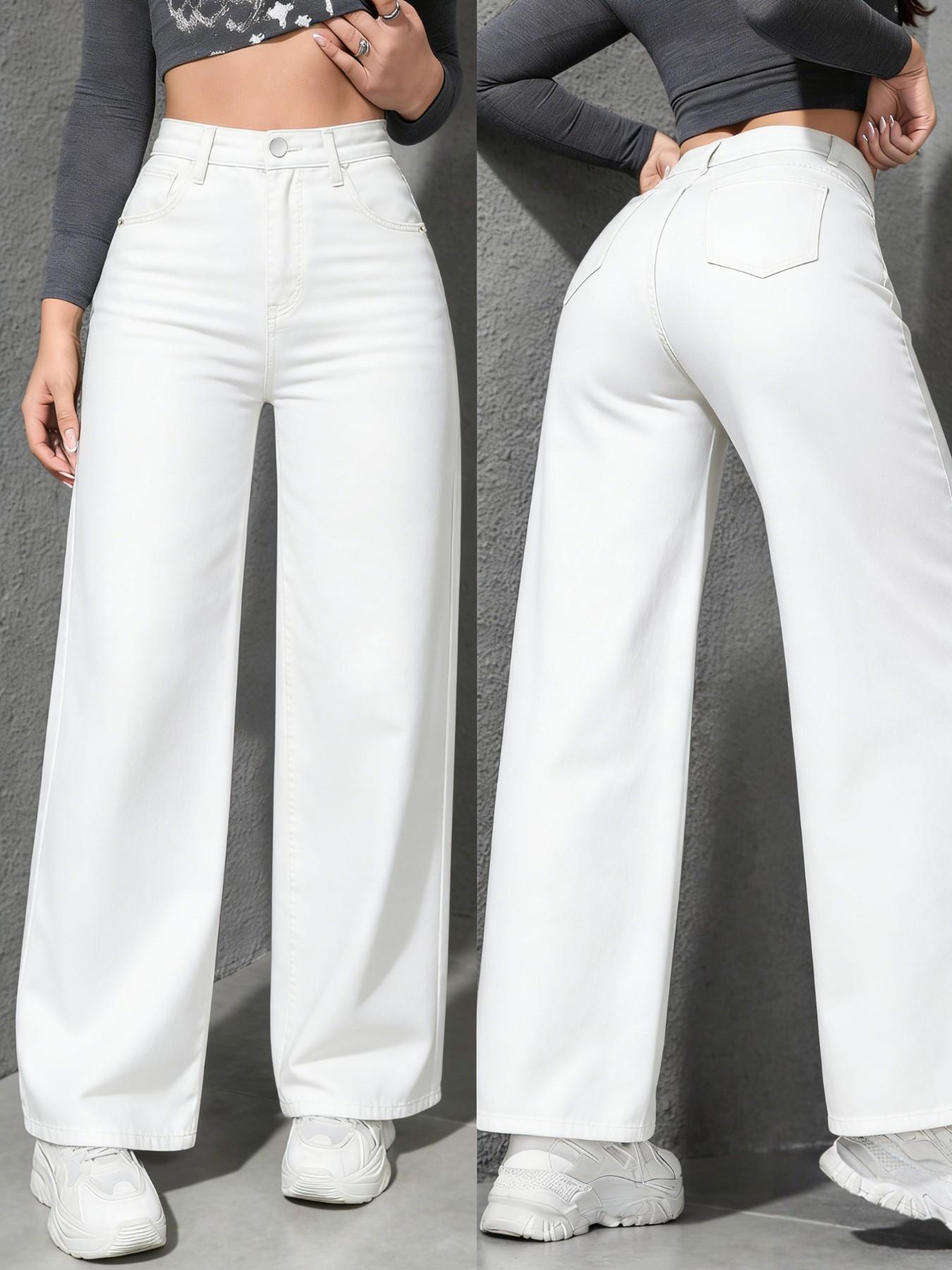 Spring Summer High Waist Elastic Women's Jeans, Washed Blue Casual Wide Leg Pants, Fitted H-Type Denim for Daily Commute and Vacation
