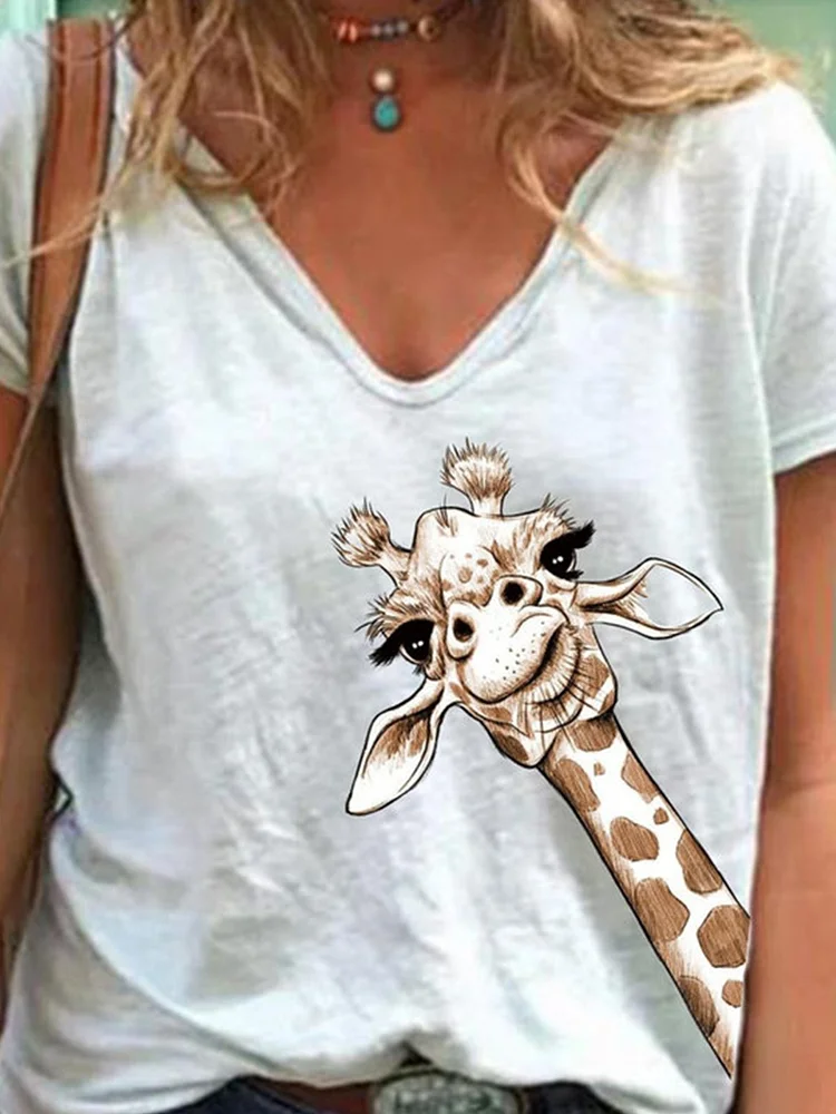 Animal print V-neck short sleeve cotton top