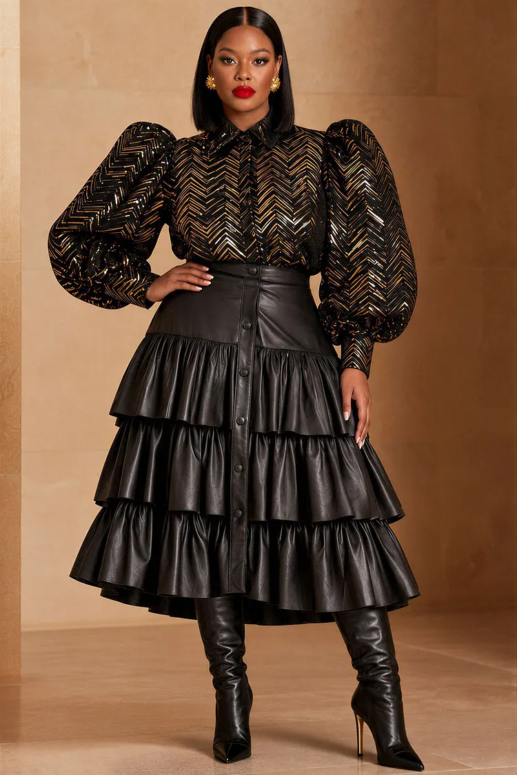 Xpluswear Design Plus Size Business Casual Black Shirt Collar Lantern Sleeve Long Sleeve Blouses [Pre-Order] 2024 - Xpluswear