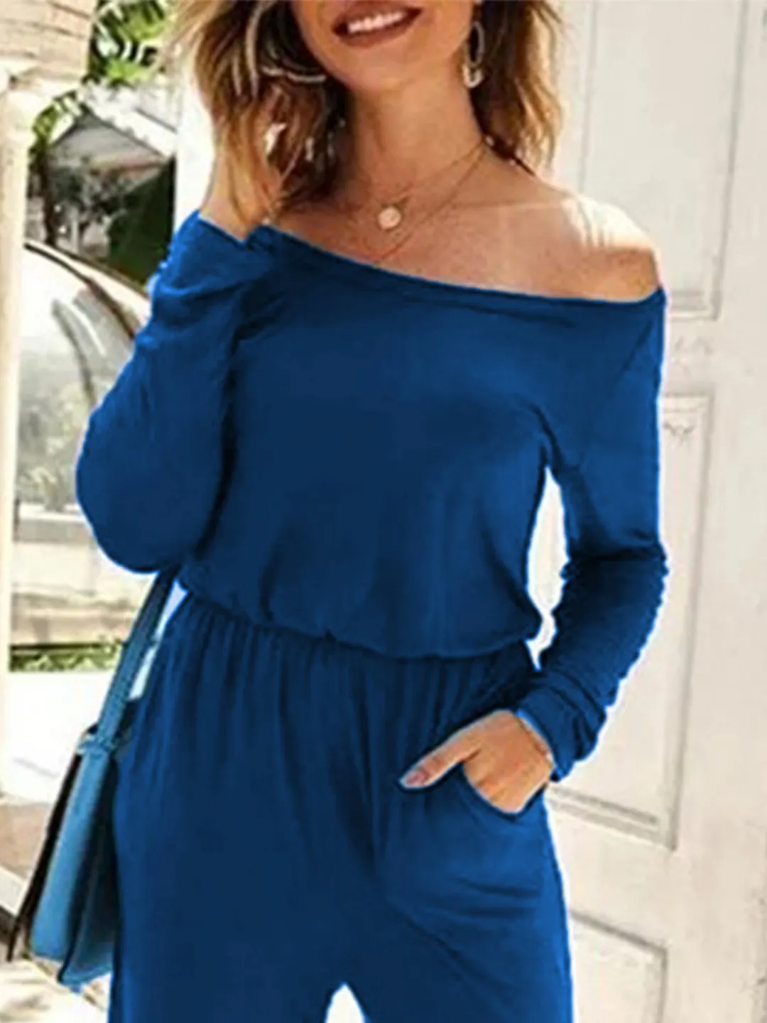 Plain Long Sleeve Off Shoulder Plus Size Casual Jumpsuits