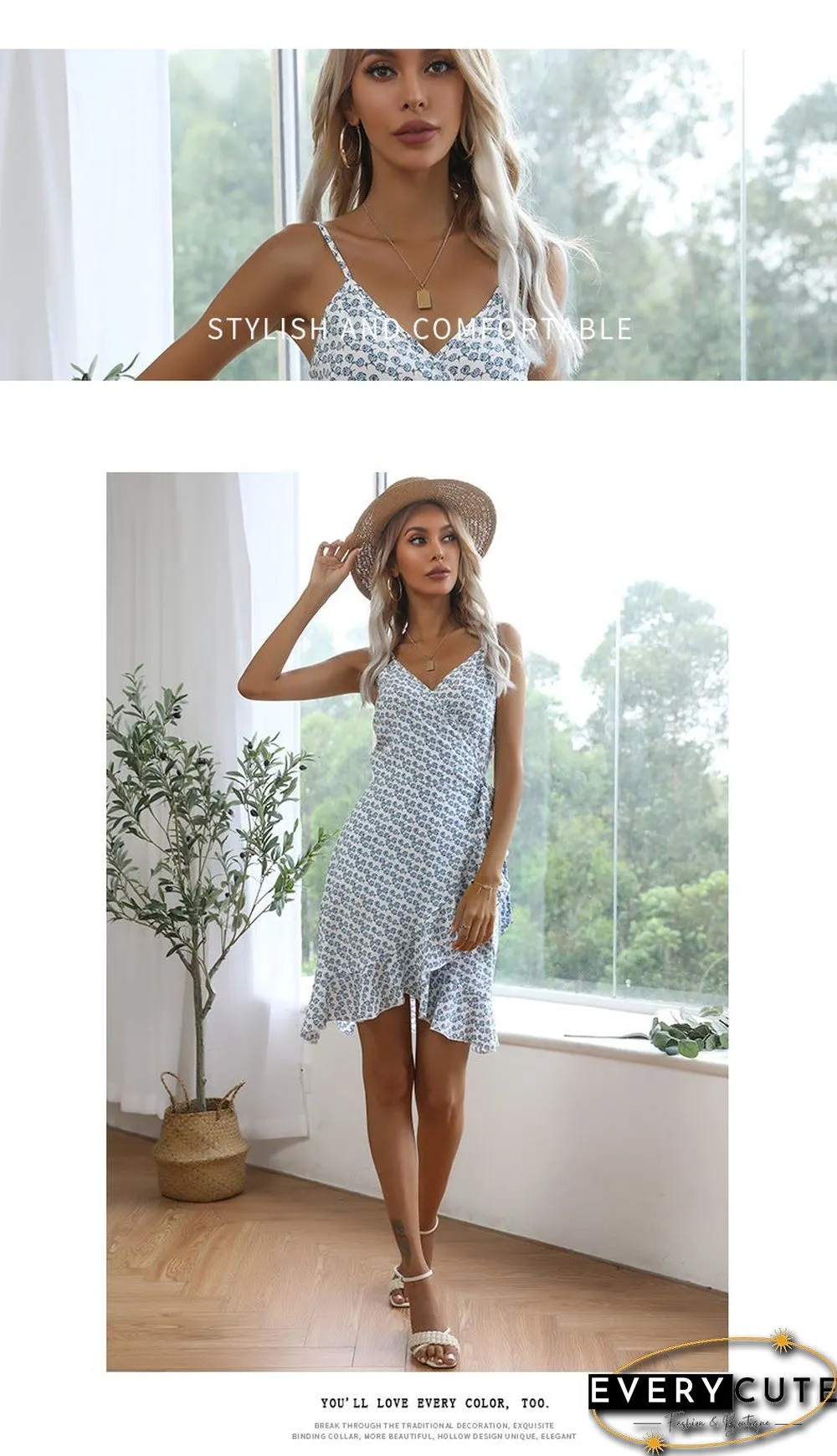 Summer Printing Irregular Ruffled Suspenders Dress Women