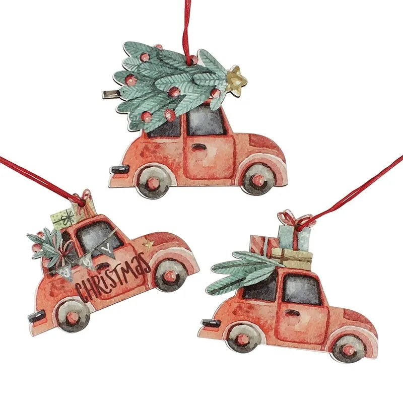 HUADODO 3Pcs Vintage Christmas Truck with tree Ornaments Wooden Christmas decoration for Xmas tree Ornament Party Kids gift