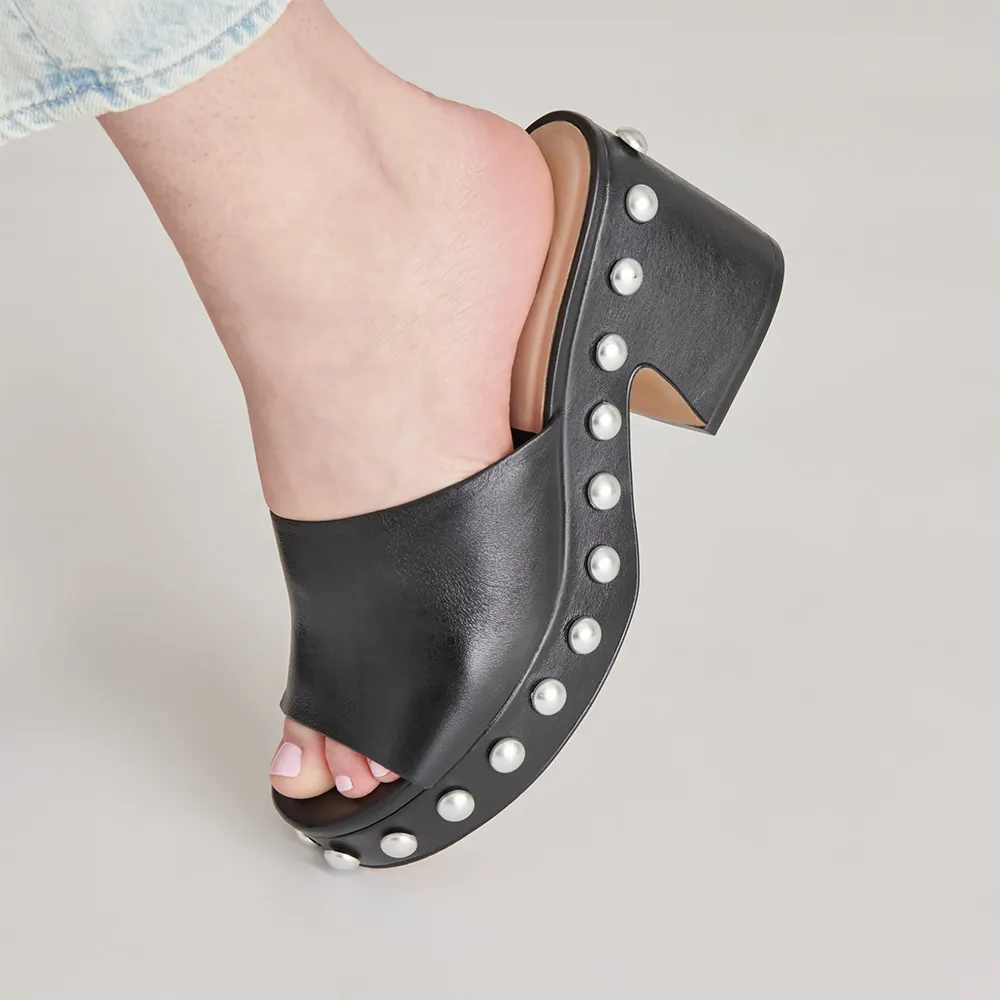 Black Round Toe Chunky Heel Platform Mules Shoes with Studded