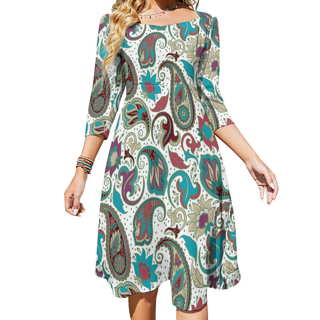 Colorful Floral Ethnic Motive Paisley Pattern Dress Sweetheart Tie Back Flared 3/4 Sleeve Midi Dresses