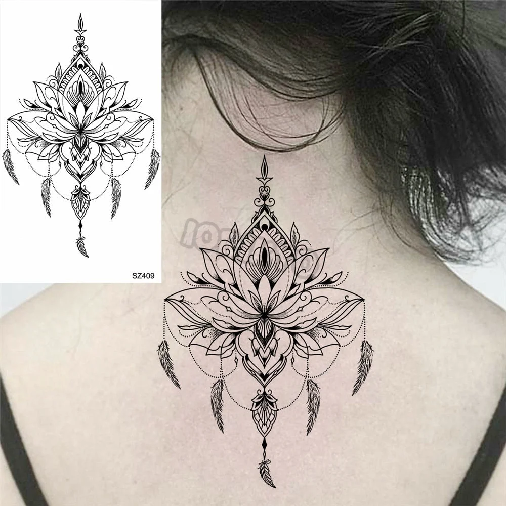 Black Pencil Sketch Henna Lotus Temporary Tattoos For Women Girls Realistic Planet Dandelion Fake Tattoo Sticker Back Arm Tatoos