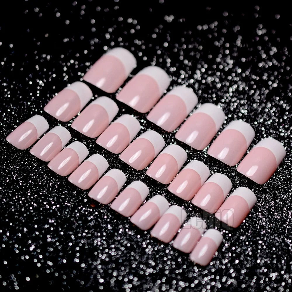 Long French Fake Nails Orange Pink Square Shiny Nail Art Tips Classical Design New Color 24pcs Tips-Nail Inspo