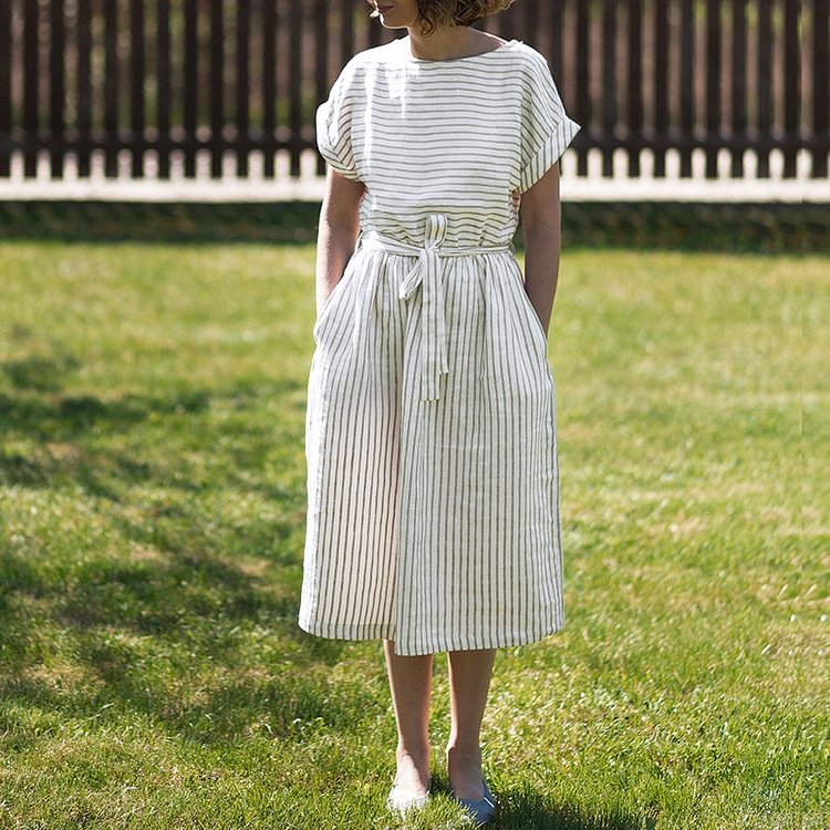 Striped Midi Linen Dress-ChouChouHome