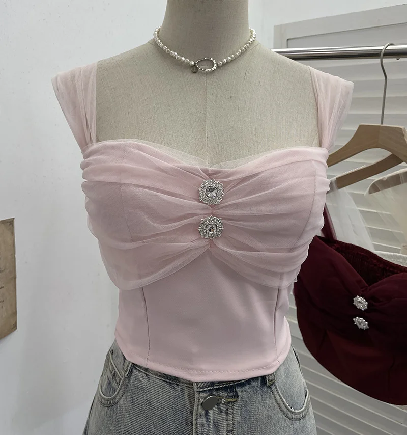 Nigikala Nigikala Shooting Net Red Pure Lust Folding Net Yarn Splicing Sling Sling Vest Bratie Short Sleeveless Top 8039