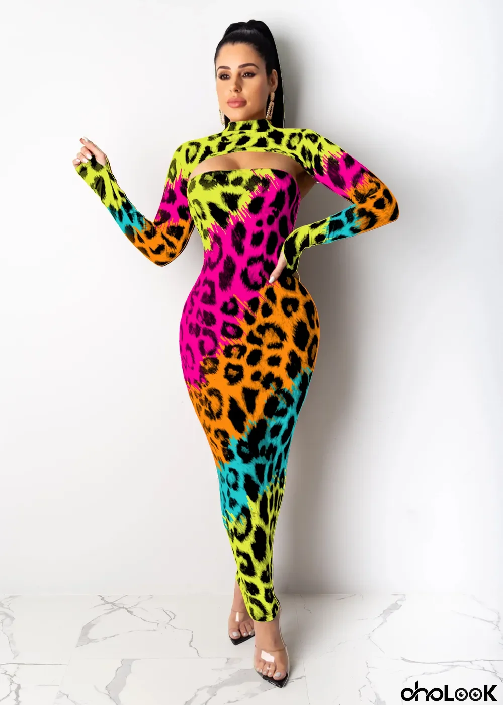 Autumn Party Cut Out Leopard Midi Dress
