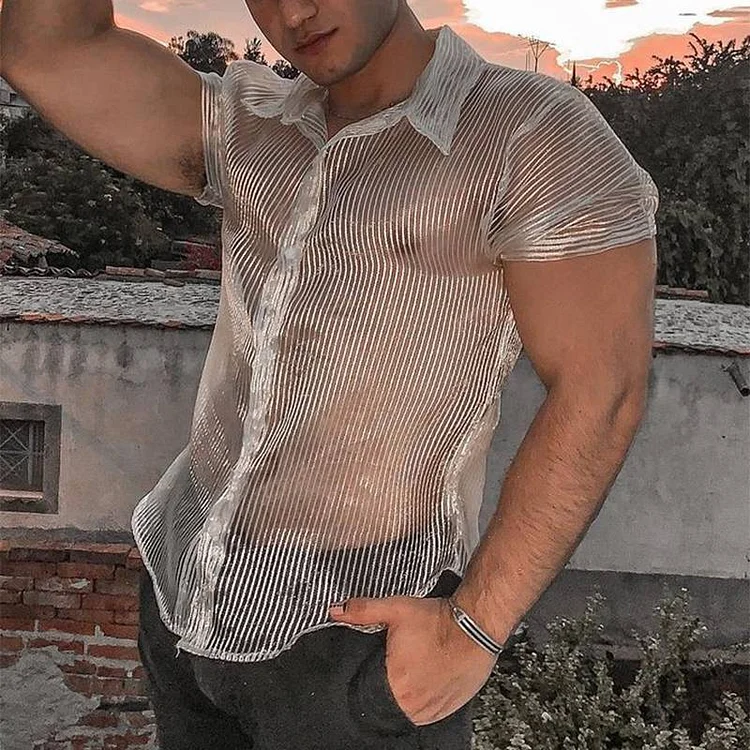 Men's Mesh Transparent Striped Short Sleeve Sexy Party Nightclub Shirts at Hiphopee