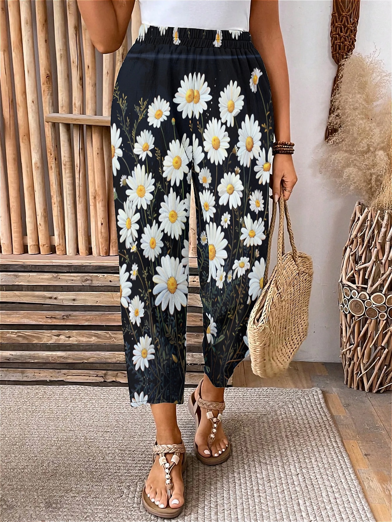 Plus Size Elastic Waist Floral,Daisies Printed Pants