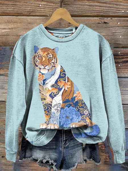 Blue Tiger Art Print Round Neck Long Sleeve Sweatshirt socialshop